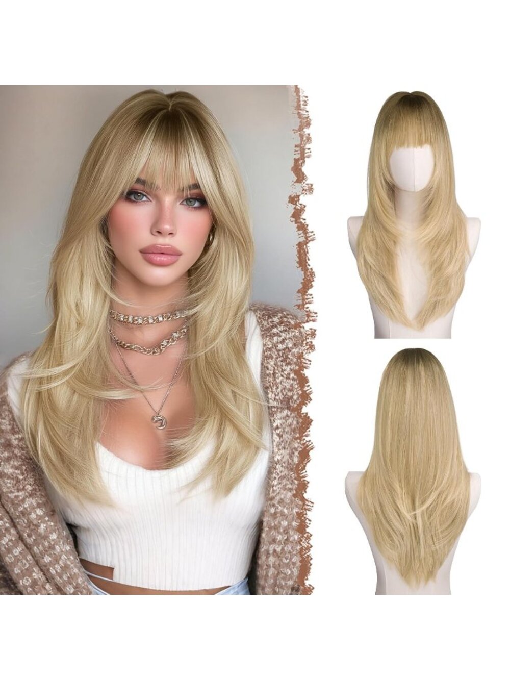 24 Inch Women's Ombre Blonde Synthetic Long Straight Sleek Layered Wig with Bang